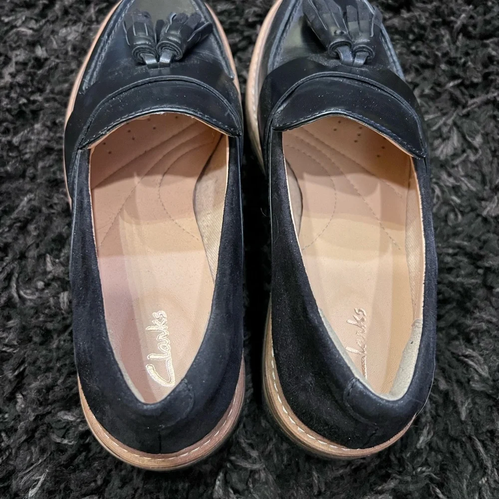 Clarks Black Leather Tassel Loafers